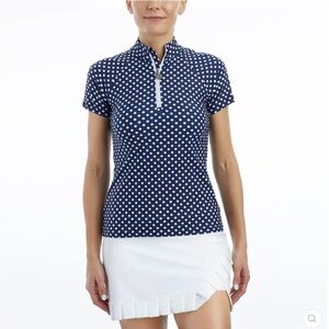 NWT Tzu Tzu Lucy Golf Top 1/4 Zip Polo PERIWINKLE BLUE DOTTY Short Sleeve Small